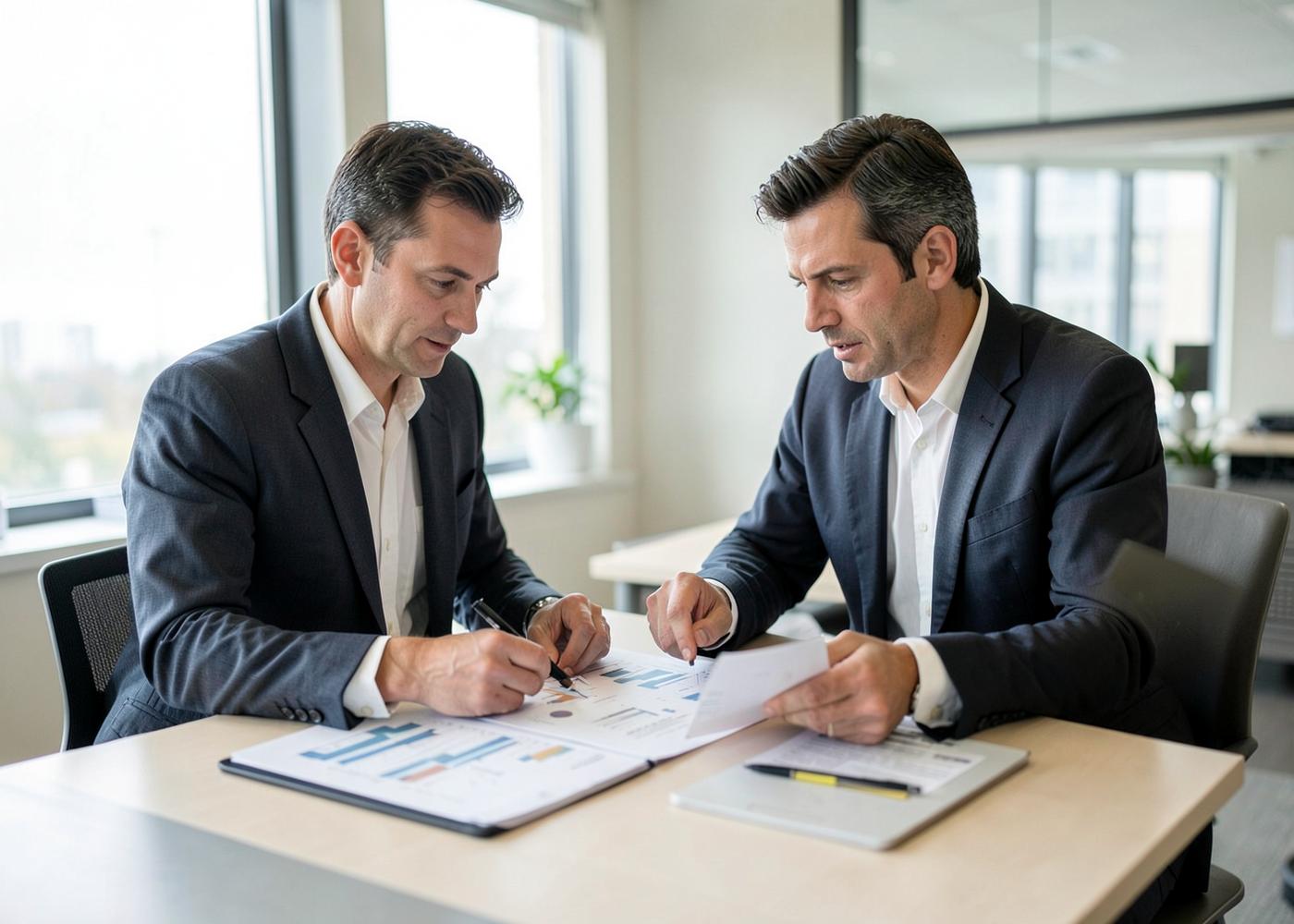 Consultores analisando gráficos e relatórios de planejamento em reunião