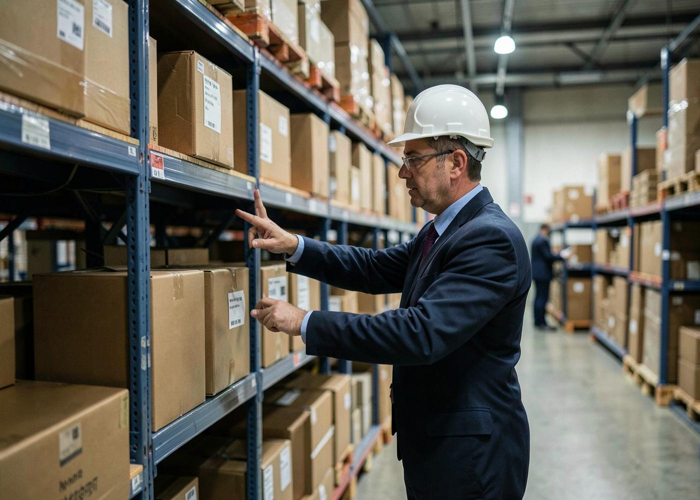 Profissional conferindo mercadorias armazenadas em estruturas porta-pallets