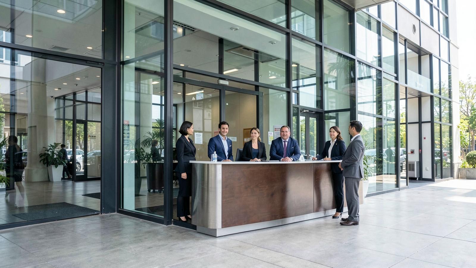 Equipe de recepção corporativa em entrada empresarial envidraçada
